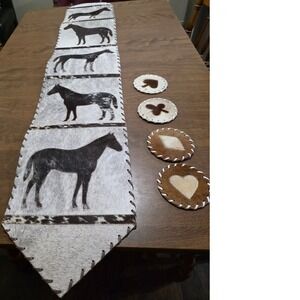 Western Cowhide Table Runner & 4 Coaster Set Horse Silhouette Card Suits 66"